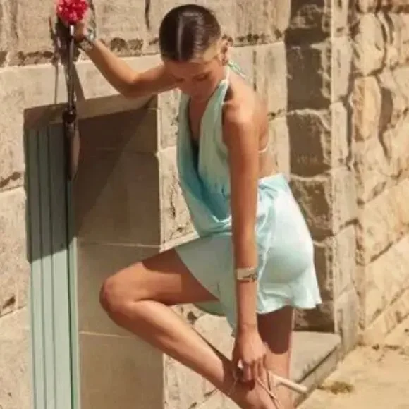 SNDYS Rosita Halter Mini Dress in Fresh Mint With Stone Bead Straps NEW - Picture 3 of 9